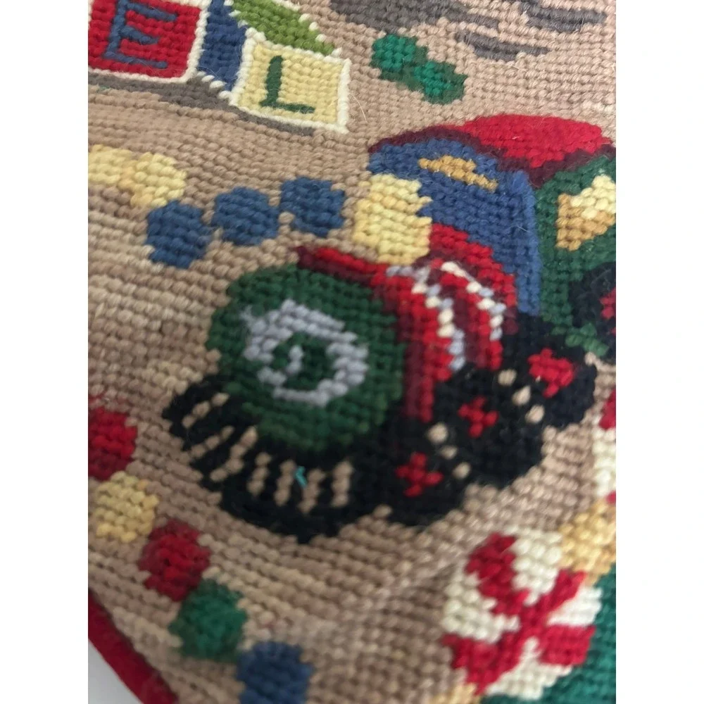 Vintage Needlepoint Christmas Stocking Santa Workshop Train Velvet Back 20 inch